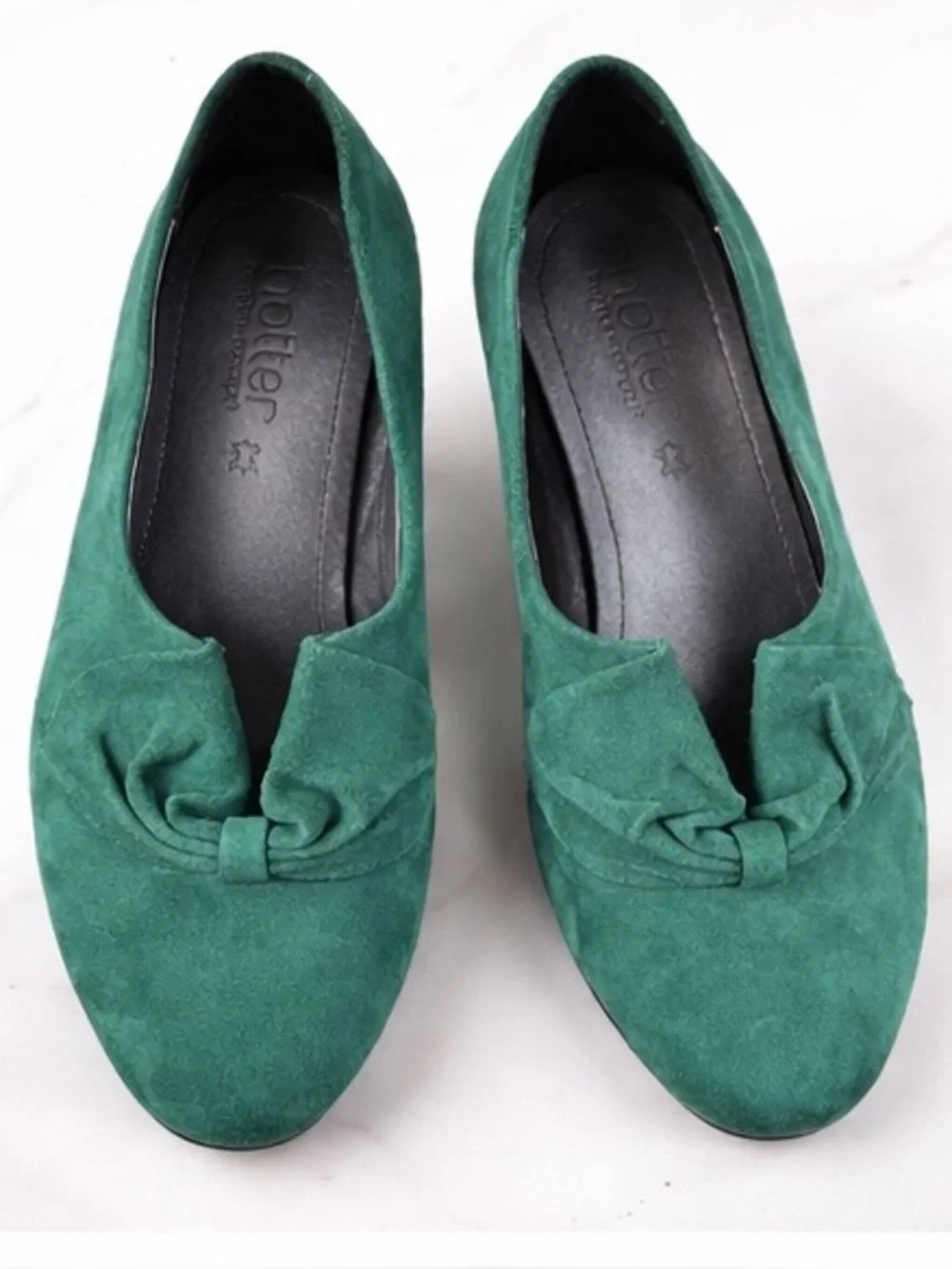 Hotter Donna Green‎ Suede Comfort Heels Low Block Heel Bow Size 6.5